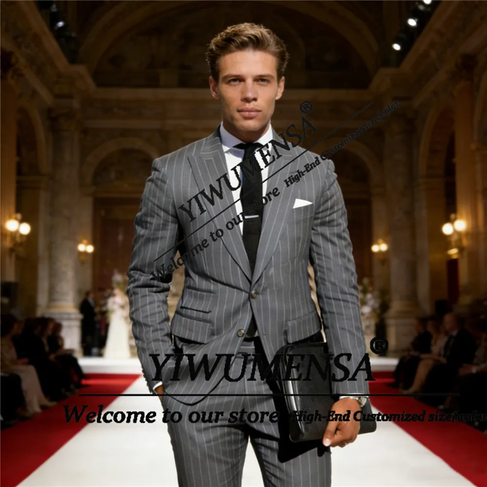 

Striped Men's Suit Peak Lapel 2 Piece Sets Business Wedding Groom Tuxedos Single Breasted Jacket Pants Customized Man Outfits