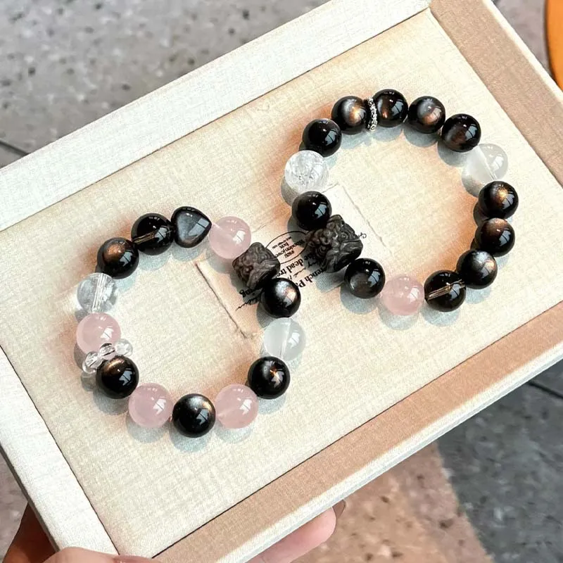 

Natural White Silver Obsidian Bear Bracelet Large Beads Cute Hand String New Jewelry