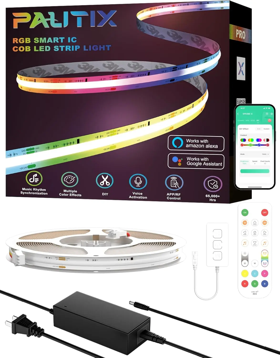 

RGB Smart IC COB LED Strip Lights,Work with Alexa/Google Assistant,24ft/7.5m,720LEDs/m Addressable UL-Listed 24V Chasing