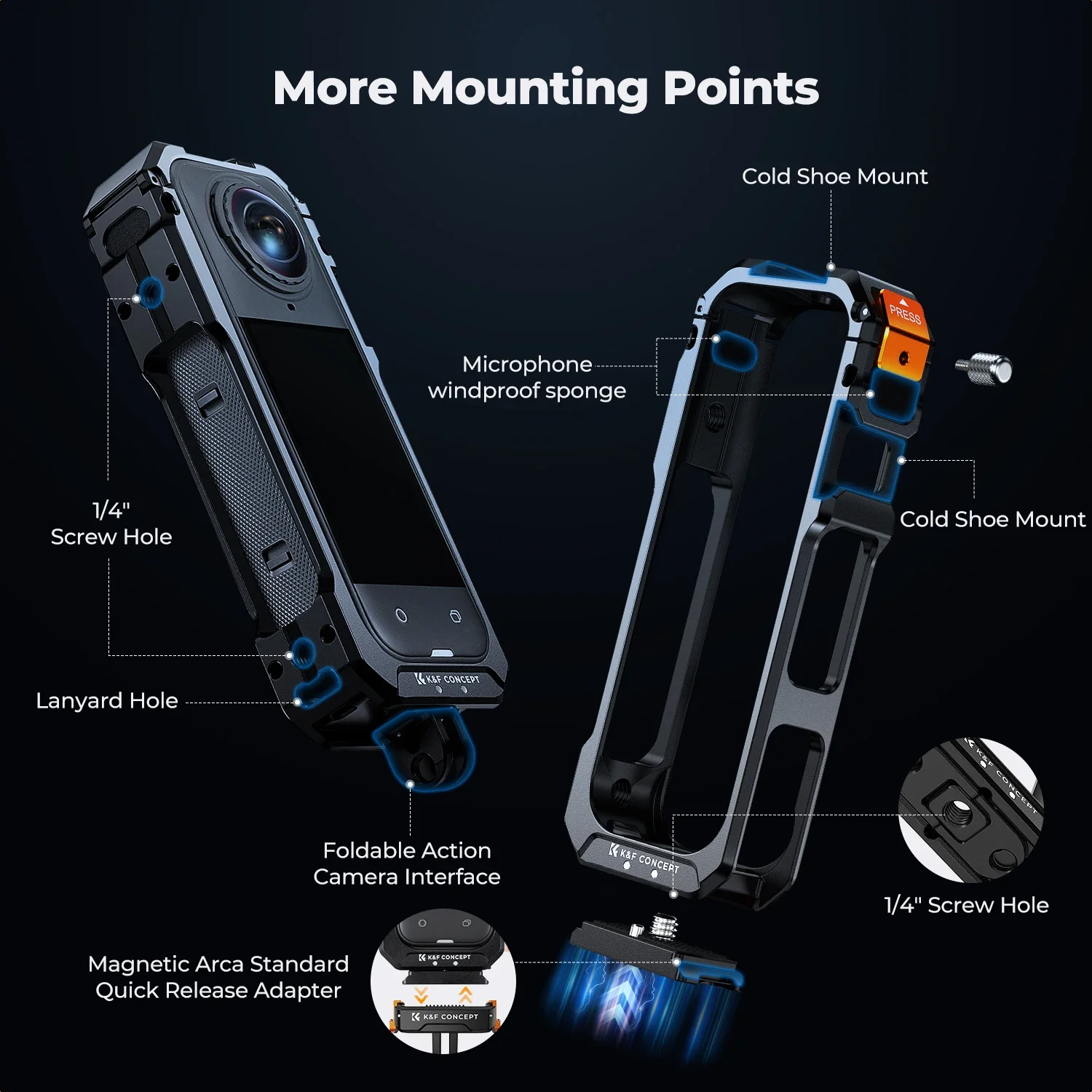 K&F CONCEPT Aluminiowa klatka do kamery dla Insta360 X5 Obudowa z pokrętłem szybkiego montażu zimnymi butami gwintem 1/4" i sili — zdjęcie produktu 3