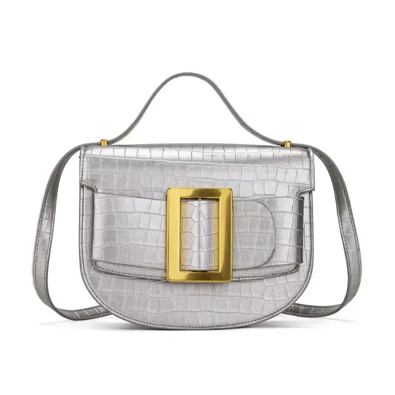 

Crocodile Embossed Saddle Bag for Women, Trendy Aluminum Buckle Shoulder Crossbody Purse, Versatile Elegant Minimalist Handbag