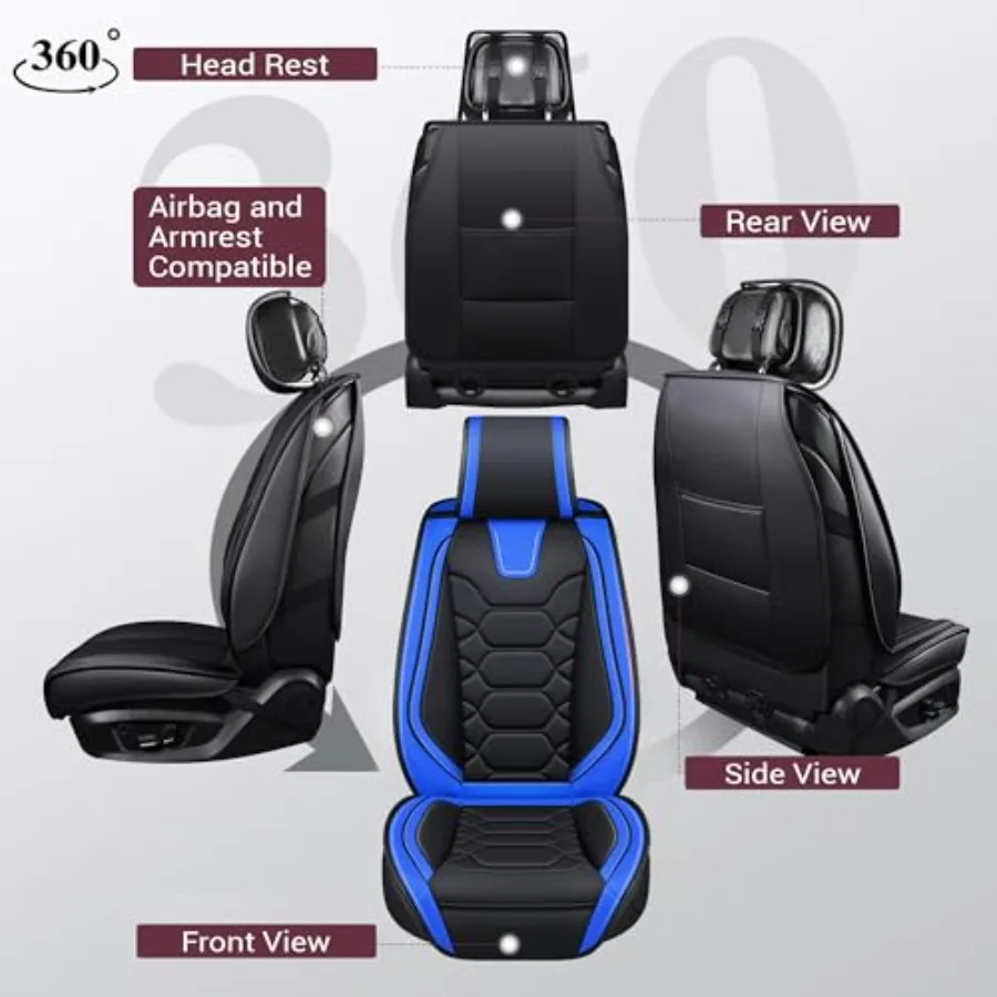Car Seat Covers Full Set for SUV Sedan Pick-up Truck, Faux Leather with Honeycomb Pattern, Black Blue, Waterproof Universal Fit