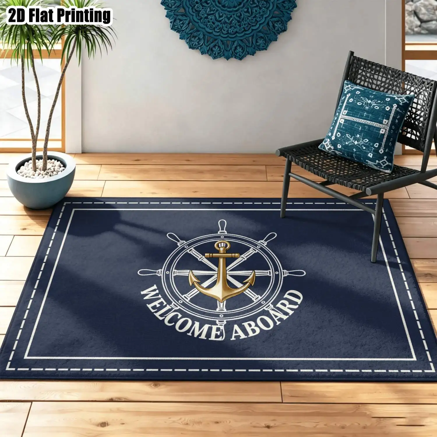 1Pc 2D Printed Carpet: Dark Blue Ship Rudder & Anchor Letter Pattern Nordic/Instagram Style, Modern Minimalist, Vintage European Home Decor Rug. Multi-Size, Machine Washable, Suitable for Entryway, Dining Room, Foyer, Bedroom, Living Room.