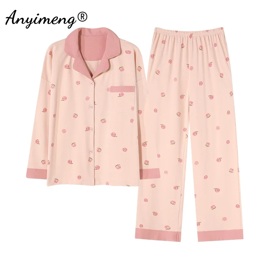 Spring New Chic Tulip Printed Women Pajamas Set Long Sleeves Casual Sleepwear for Girl M-3XL Loungewear Elegant Lady Nightwear