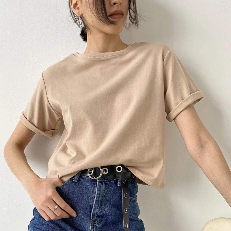 Hirsionsan 100% Cotton Oversized T Shirt Women Harajuku Basic Loose Short Sleeve Tees Soft Female Solid Tops Khaki Summer Jumper