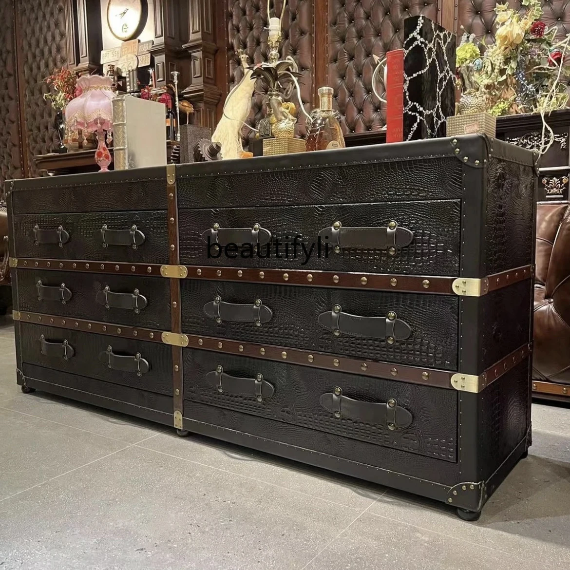 

American light luxury crocodile pattern premium bucket cabinet leather dining side cabinet living room locker