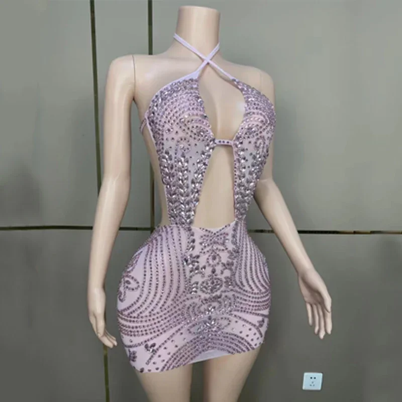 Full Shiny Rhinestones Cutout Mini Party Dresses Women Singer Celebrate Dress Costumes Festival Outfit Stage Performance Wear
