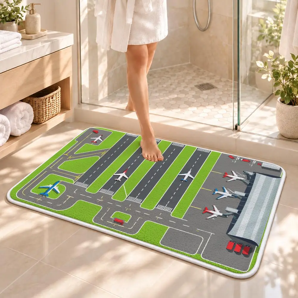 Airplane Runway Aviation Floor Mat Soft Flannel Non Slip Door Mat for Bathroom Bedroom Entryway Home Decor Gift