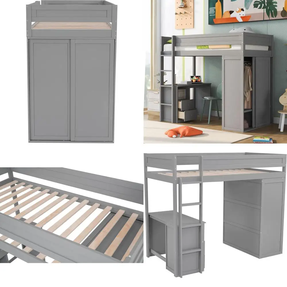 

Двуспальная кровать с письменным столом, шкафом, ящиками и тумбой для подростков и взрослых, серого цвета