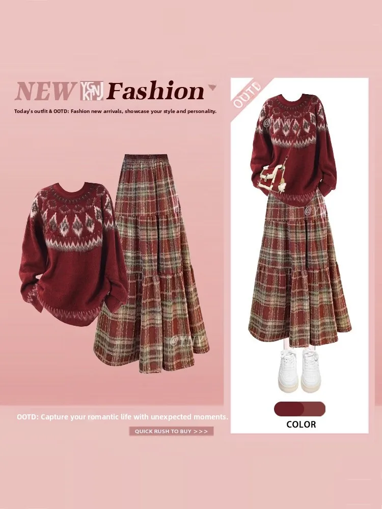 

Новогодний красный клетчатый комплект, женский зимний свободный комплект с вышивкой Fair Isle, вязаная юбка, нежный ветер, комплект из двух предметов, модный ансамбль