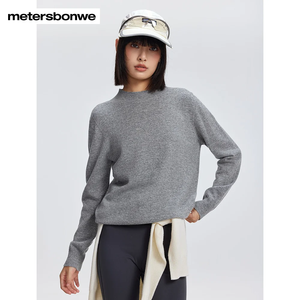 Metersbonwe-Suéter feminino 100% lã com gola redonda, pulôver macio de manga comprida, cor sólida, roupa quente para inverno