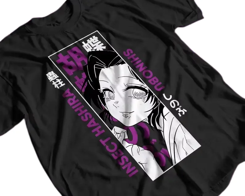 2026 summer 100% pure cotton Demon Slayer Shinobu Kocho pattern Loose leisure Short Sleeve T-shirt  Round NeckTop quality shirt