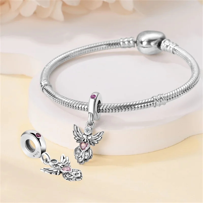 Klassieke Verzilverde Lotus Beschermengel Hartvormige Zirkoon Bedels Kralen Passen Pandora 925 Originele Armbanden Diy Sieraden Geschenken