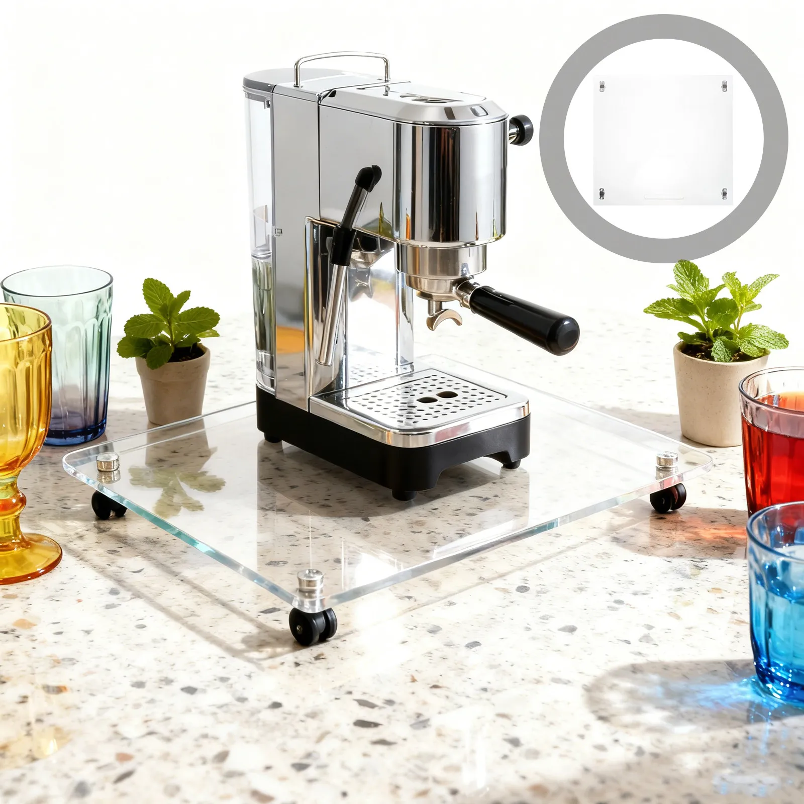 Acrylic Coffee Machine Sliding Tray 13.6x13x0.9 Inch with Silent Rubber Wheels for Effortless Mobility Stability and Space