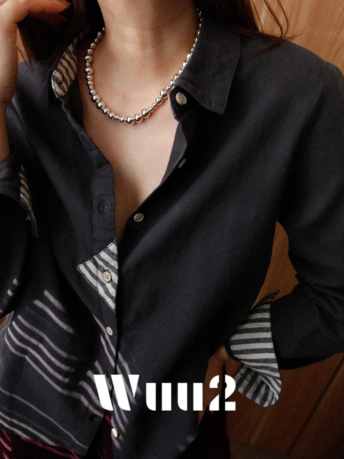 

Wuu2 mat Sle Textured Stripe Splicing Deep ey Floing Women's irt Inner Wear Layered Top Design Winter Collection