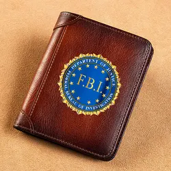 High Quality Genuine Leather Men USA FBI Department Of Justice Printing Cover Short Card Holder Purse Luxury Brand Male Wallet