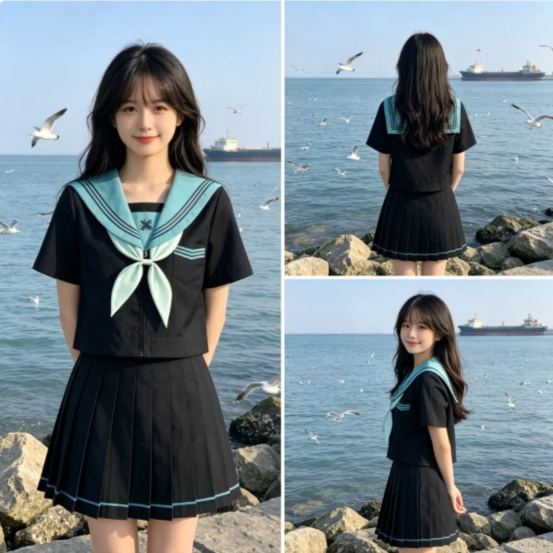 

JK Uniform Sailor Suit Set, Japanese Preppy Style Black Blue Contrast Embroidered Summer Outfit For Daily Campus Student Wear