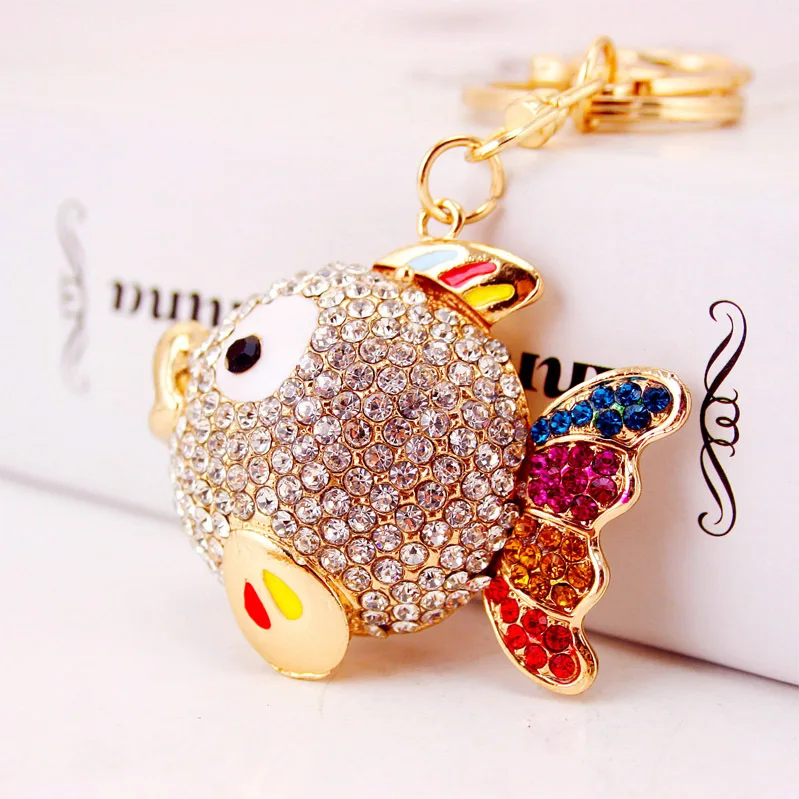 Dalaful Colorful Crystal Tail Fish Goldfish Keychains HandBag llaveros Keyrings Key Chains Purse Bag Pendant For Car Women K252