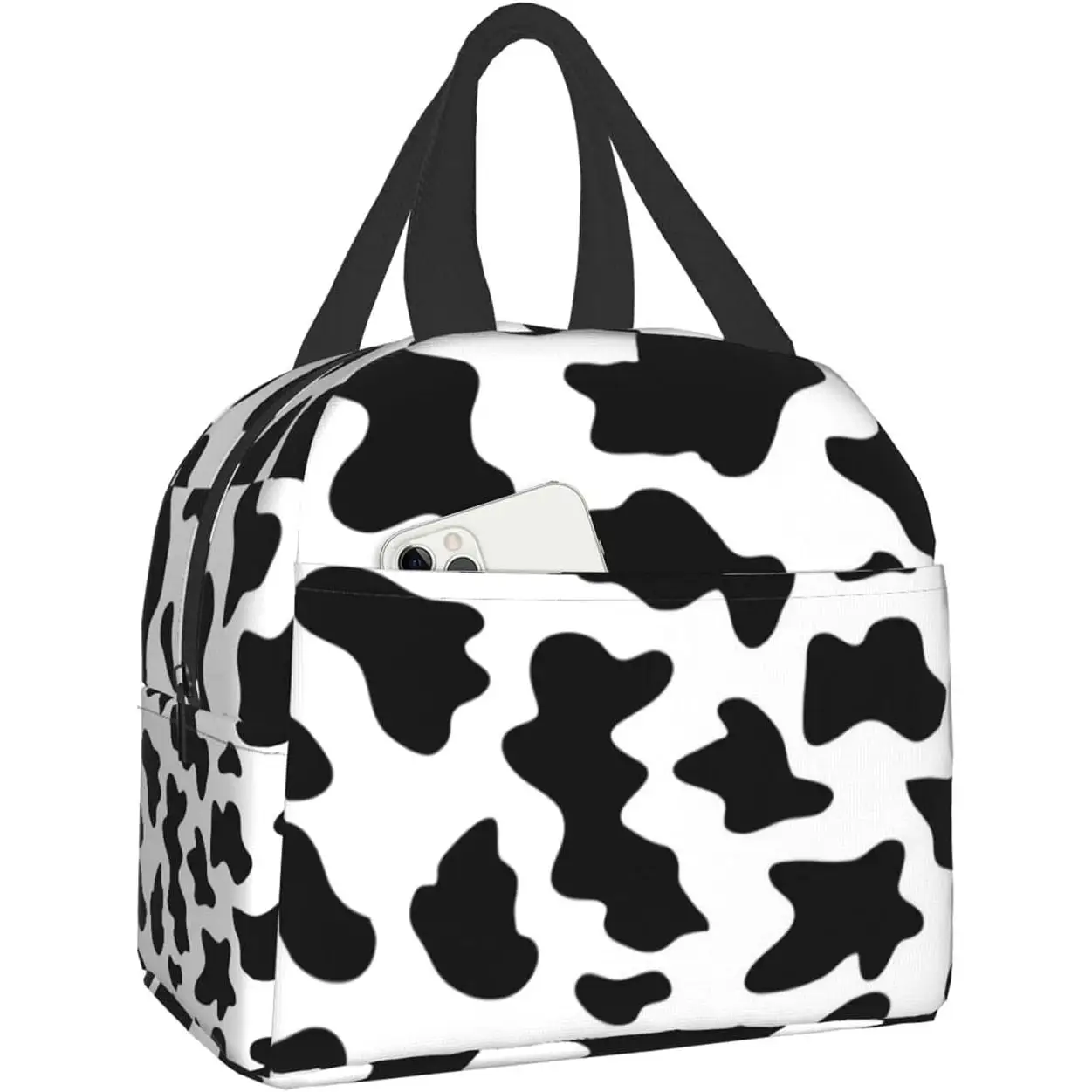 

Lunch Bag Reusable Lunch Box For Women Men, Cooler Lunch Tote Bag With Front Pocket for Picnic Office Work, Cool Black Cow Print