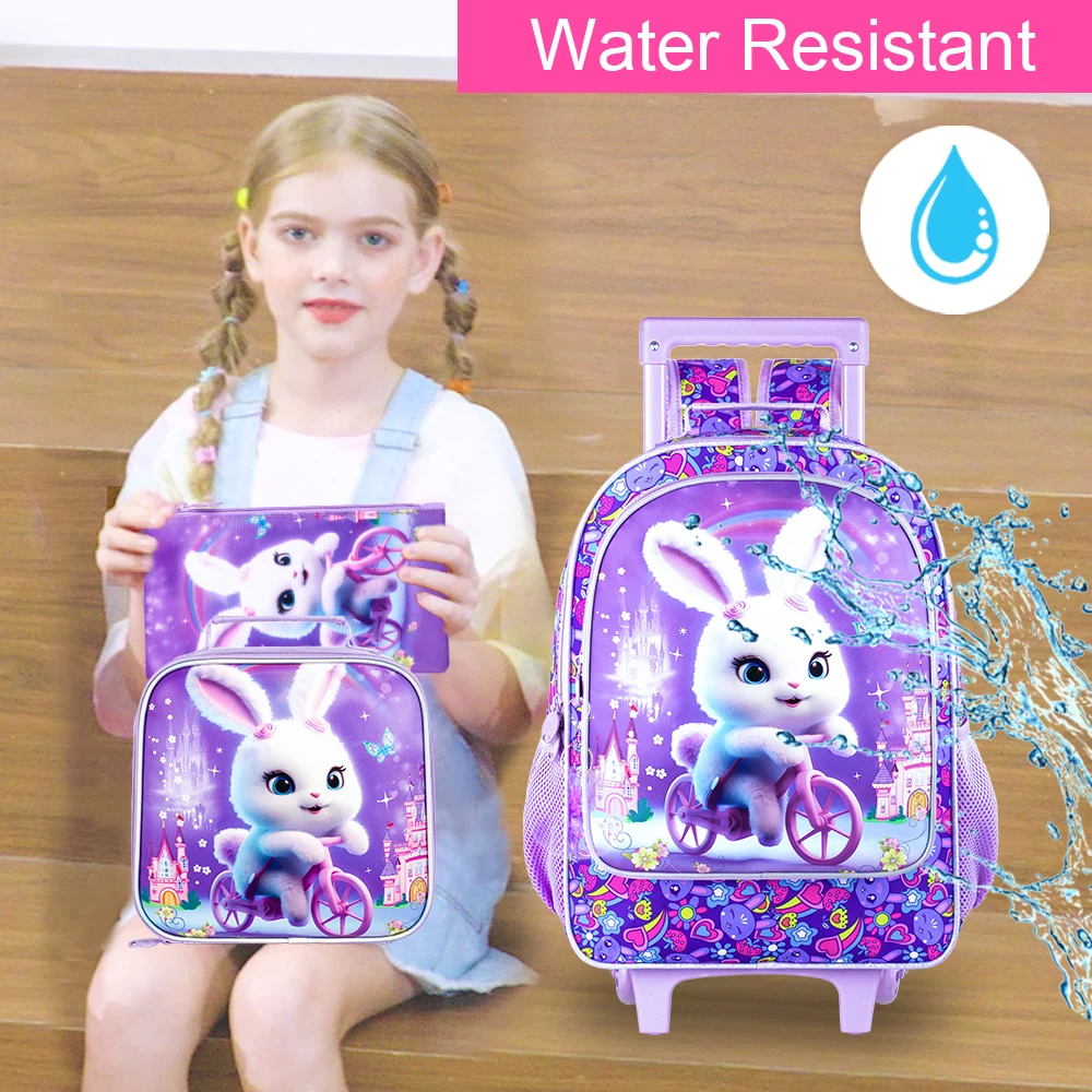 3PCS Rolling Backpack for Girls, Kids Roller Wheels Bookbag, Wheeled Elementary School Bag with Lunch Bag - Rabbit