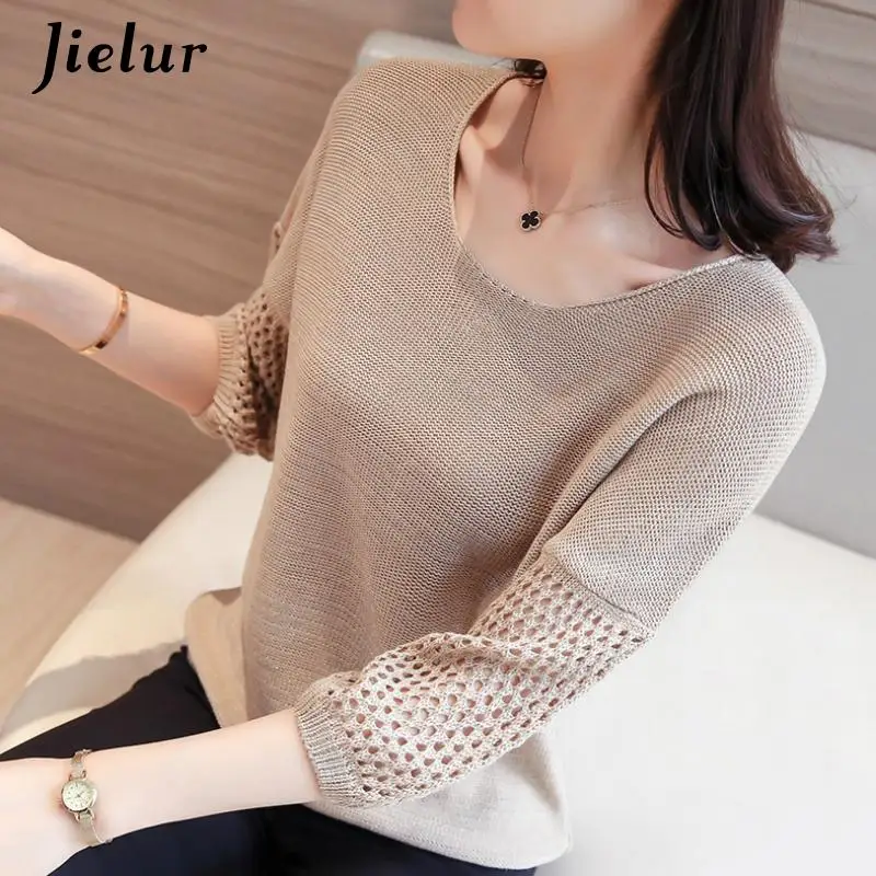 

Jielur Fashion Woman Blouses 2022 Lantern Sleeve Blouse Women O-Neck Hollow Knitted Blouse Women Shirt Womens Tops and Blouses