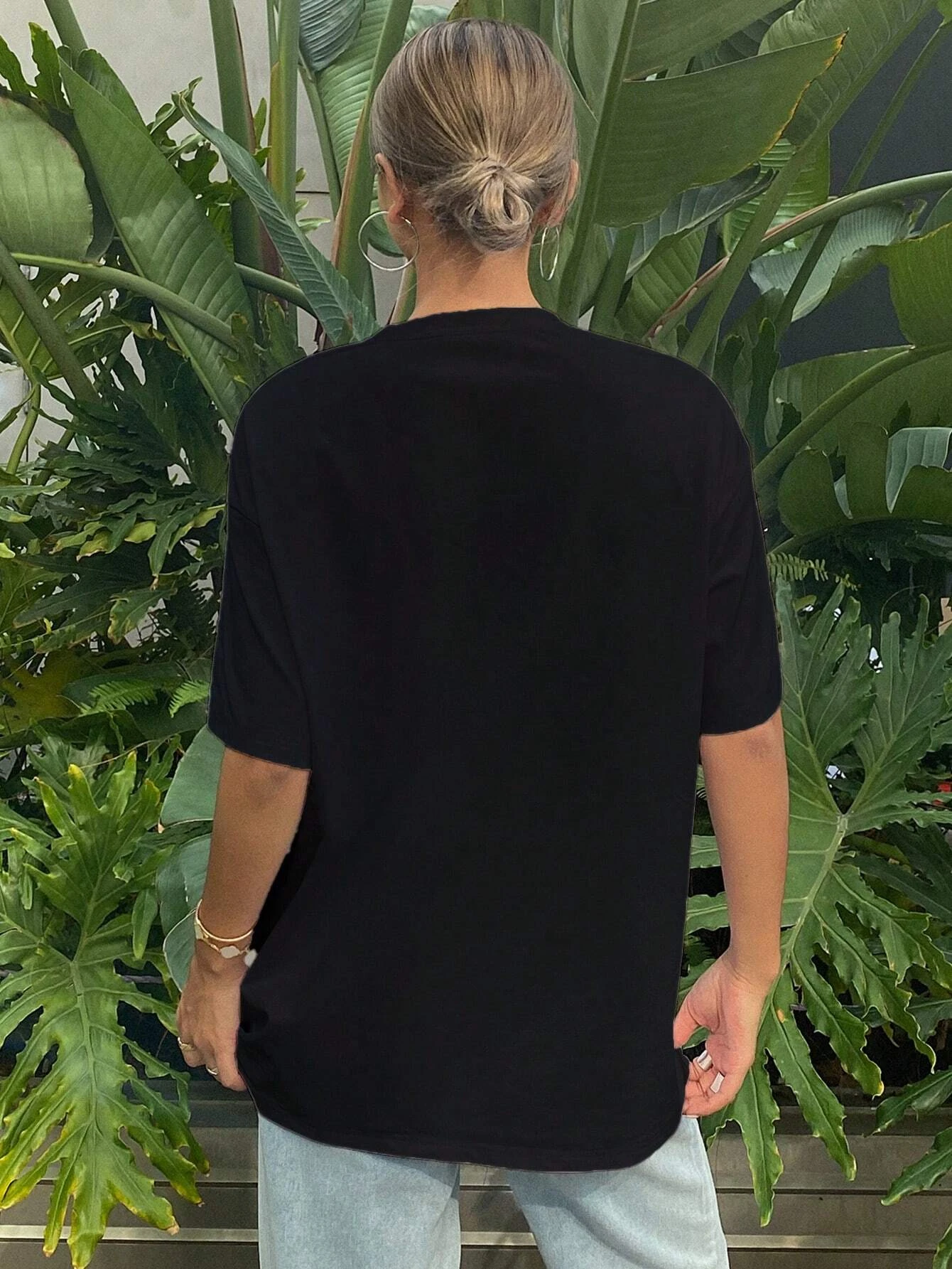 Feminino casual impresso padrão em torno do pescoço manga curta camiseta moda gota ombro feminino verão topos