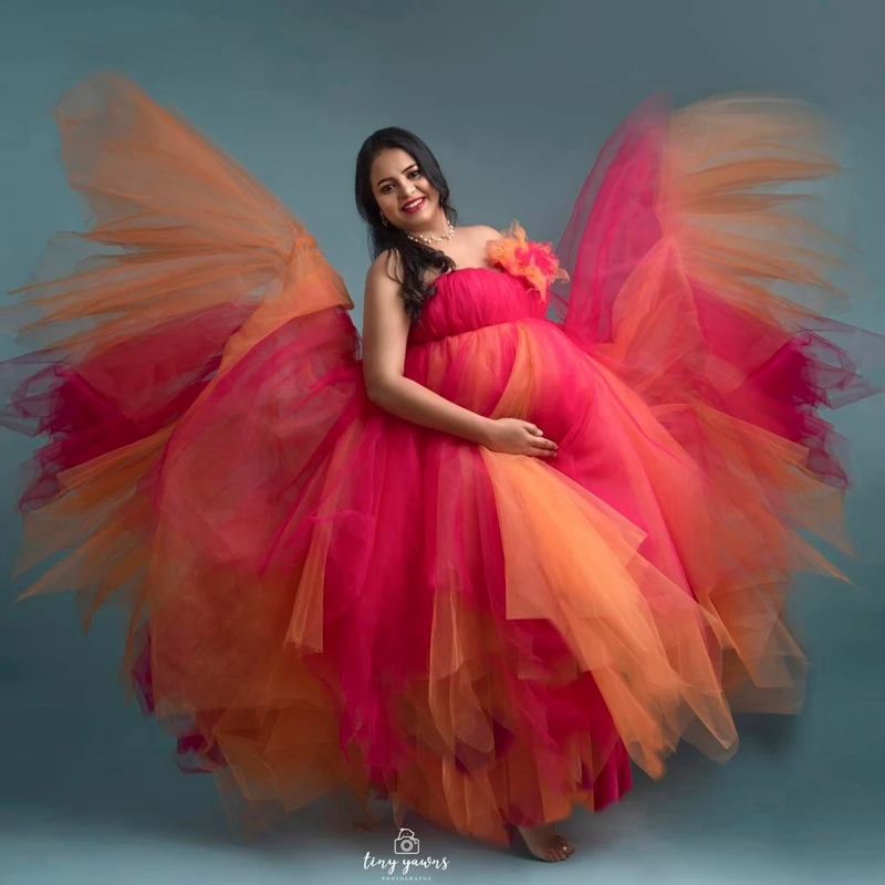 

Puffy Mix Colors Mesh Pregnancy Dresses Pretty Strapless Tulle Floral A Line Maternity Dress Custom Made Long Photo-shoot Dress