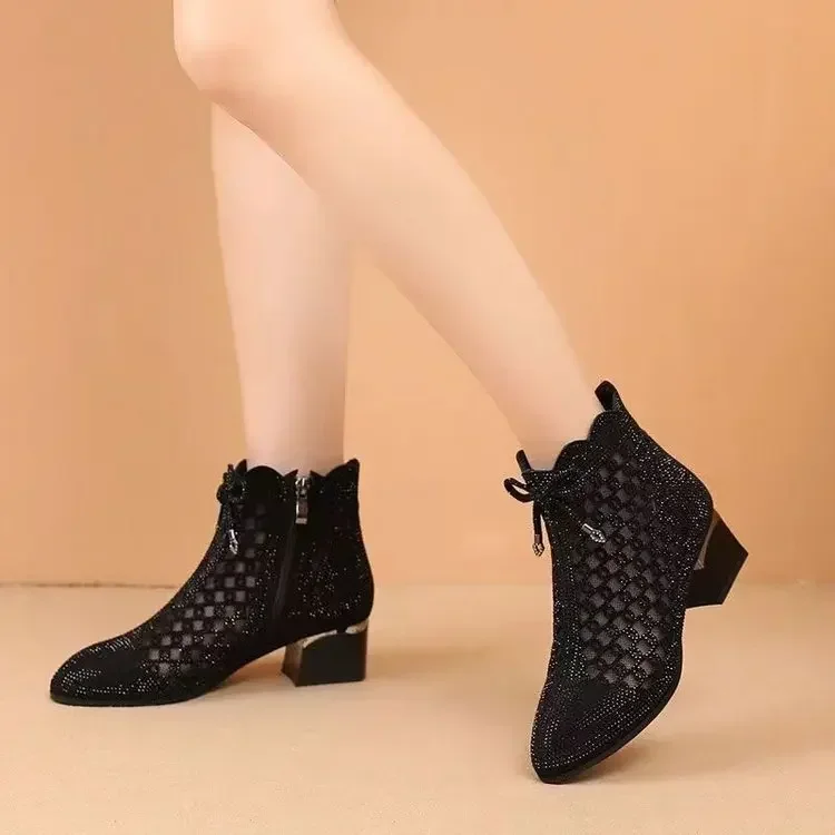 Women\'s Summer Boots Luxury Ankle Casual Shoes For Women Trend 2024 Comfortable Black Mesh Outdoor Fashion Wedge Heel Sandals