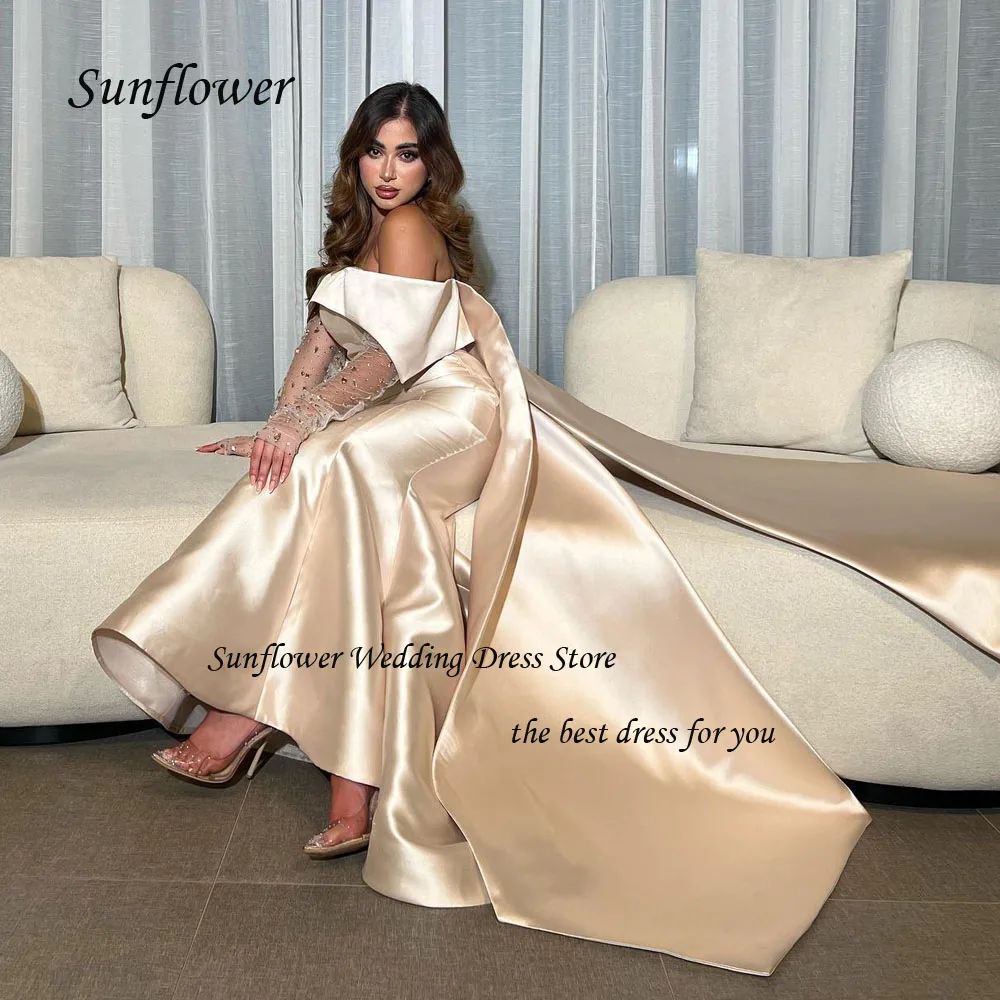 Sunflower Off the Shoulder Evening Dress Saudi Arabia 2023 Slim Satin Mermaid Lace Sleeves Prom dress Floor-Length Party Dress