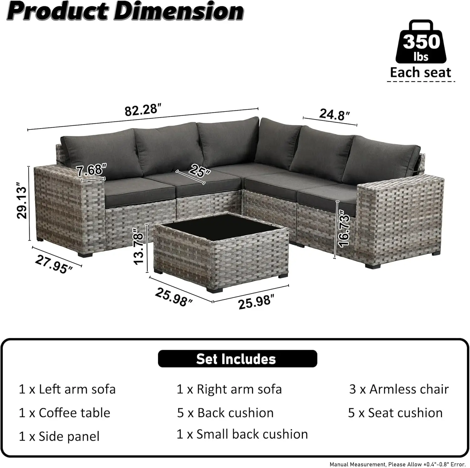 Outdoor Sectional Furniture Patio Sofa,All Weather PE Wicker Rattan Modular Patio Conversation Sets for Backyard Deck Balcony