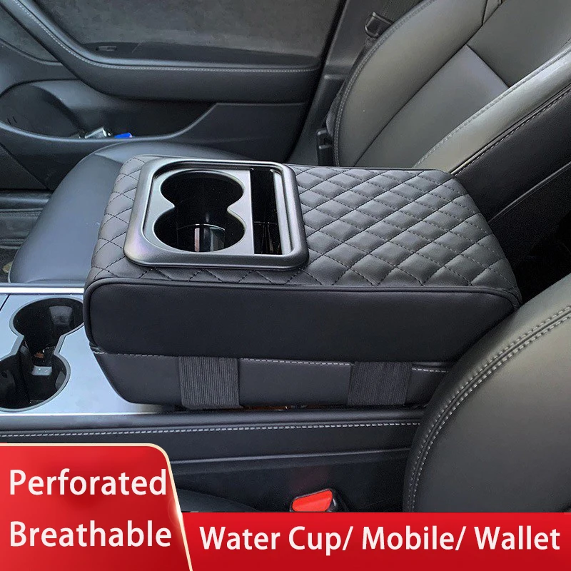 

Car Center Console Cover Car Armrest With Mobile Phone Holder PU Leather Protective Cushion Support Interior Accessorie