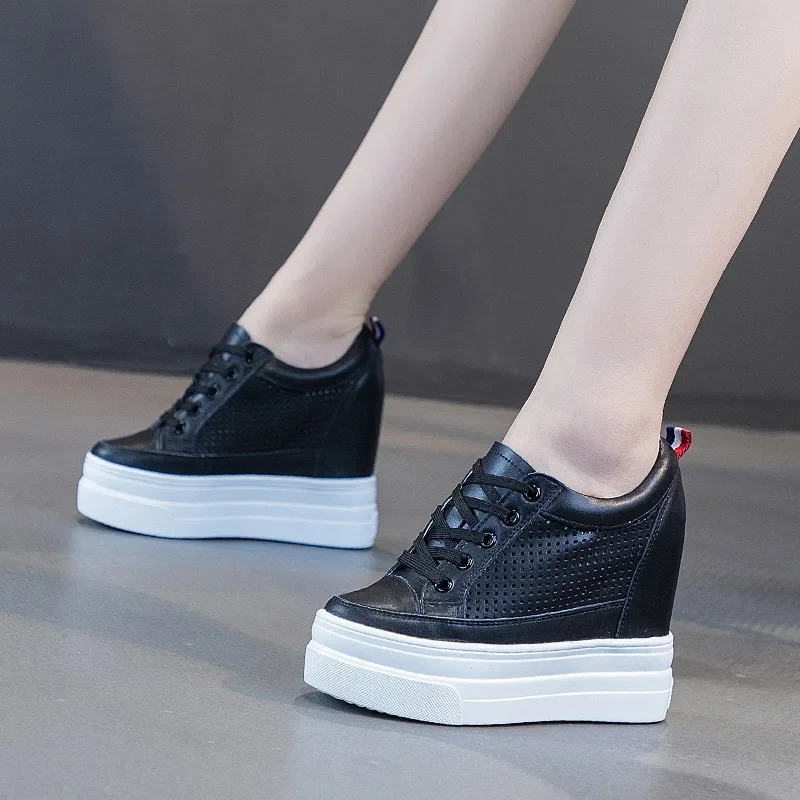 Genuine Leather Women Breathable Sneakers Increased Platform Shoes Casual Footwear Leisure White Shoes Women\'s Vulcanize Shoes