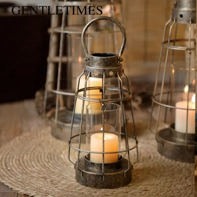 European Iron & Glass Candle Holder Decorative Lantern for Indoor Outdoor Vintage Hollow Carved  Handcrafted Retro Ornament