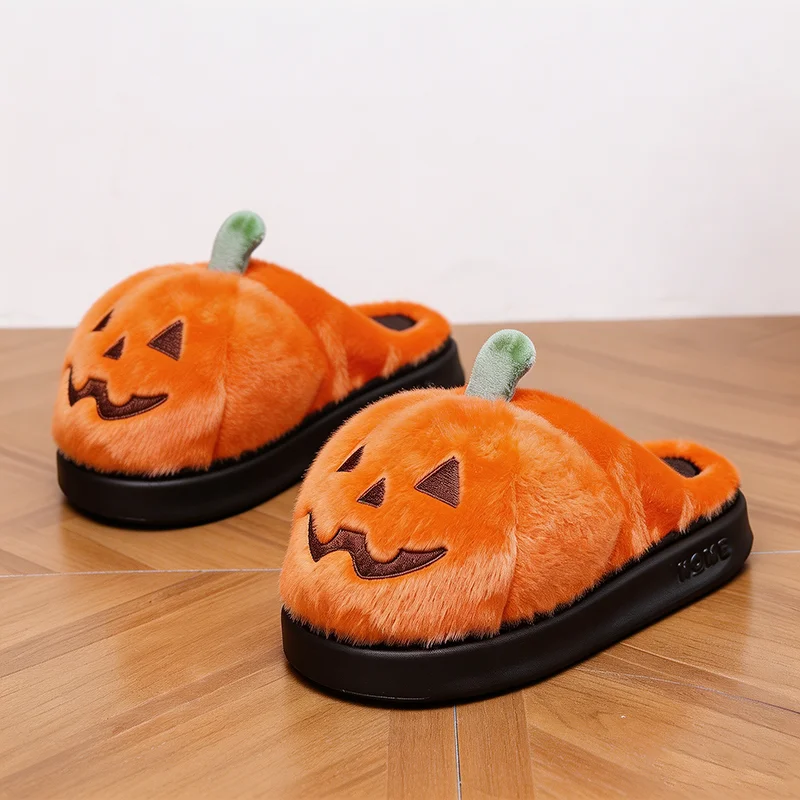 Halloween 3D Pumpkin Plush Slippers Women Fluffy House Slides Unisex Winter Platform Shoes Girls Non-Slip Indoor Holiday Party view 6