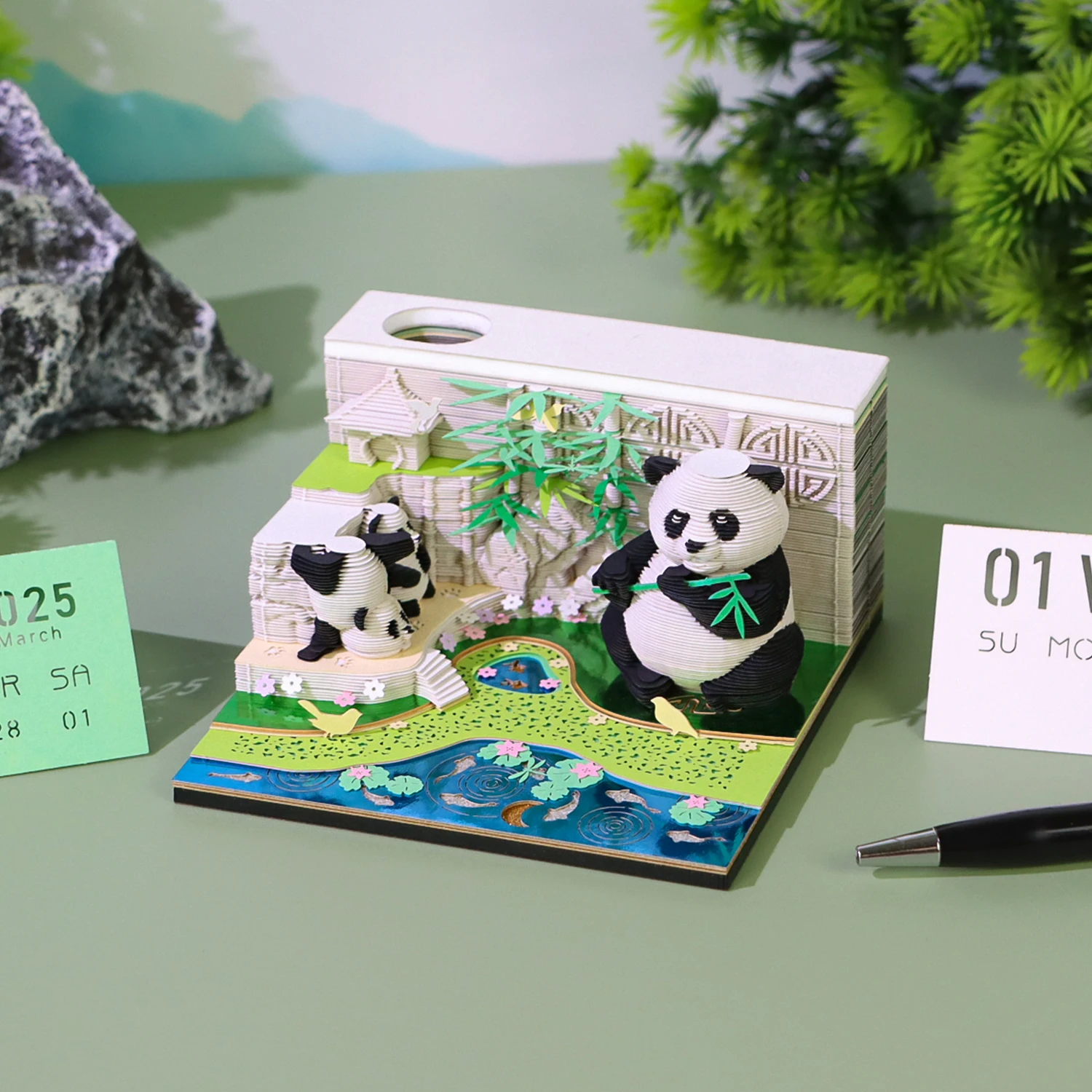 Omoshiroi Block 3D Notepad Mini Panda Memo Pad With 2025 Calendar Paper Notes Artistic Notepad Creative Christmas Birthday Gift