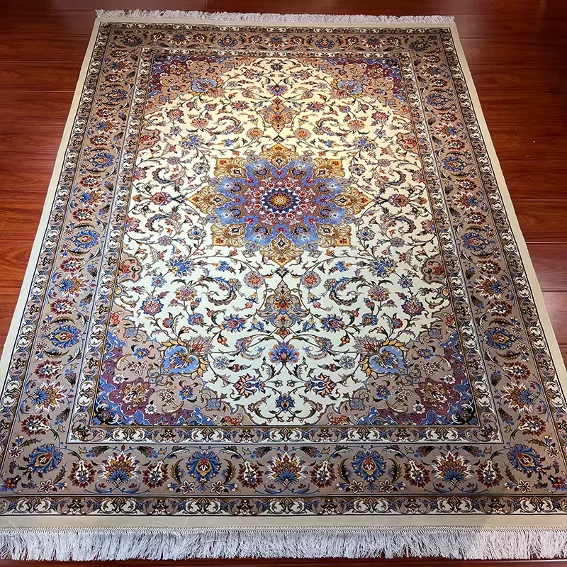 High Quality Oriental Traditional Oriental Silk Rug Antique Kerman Persian Floral Hand-Knotted Carpet for Living Room