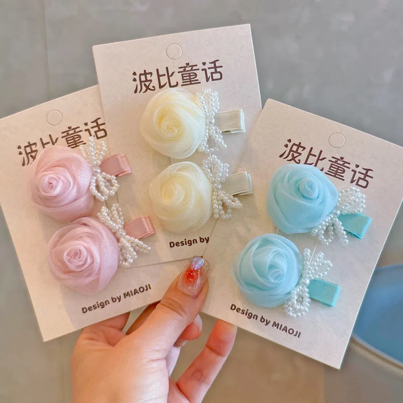 30 PCS/Lot, Mesh Rose Flower Pearl Bow Hair Clips Kids Girls Hair Accessories