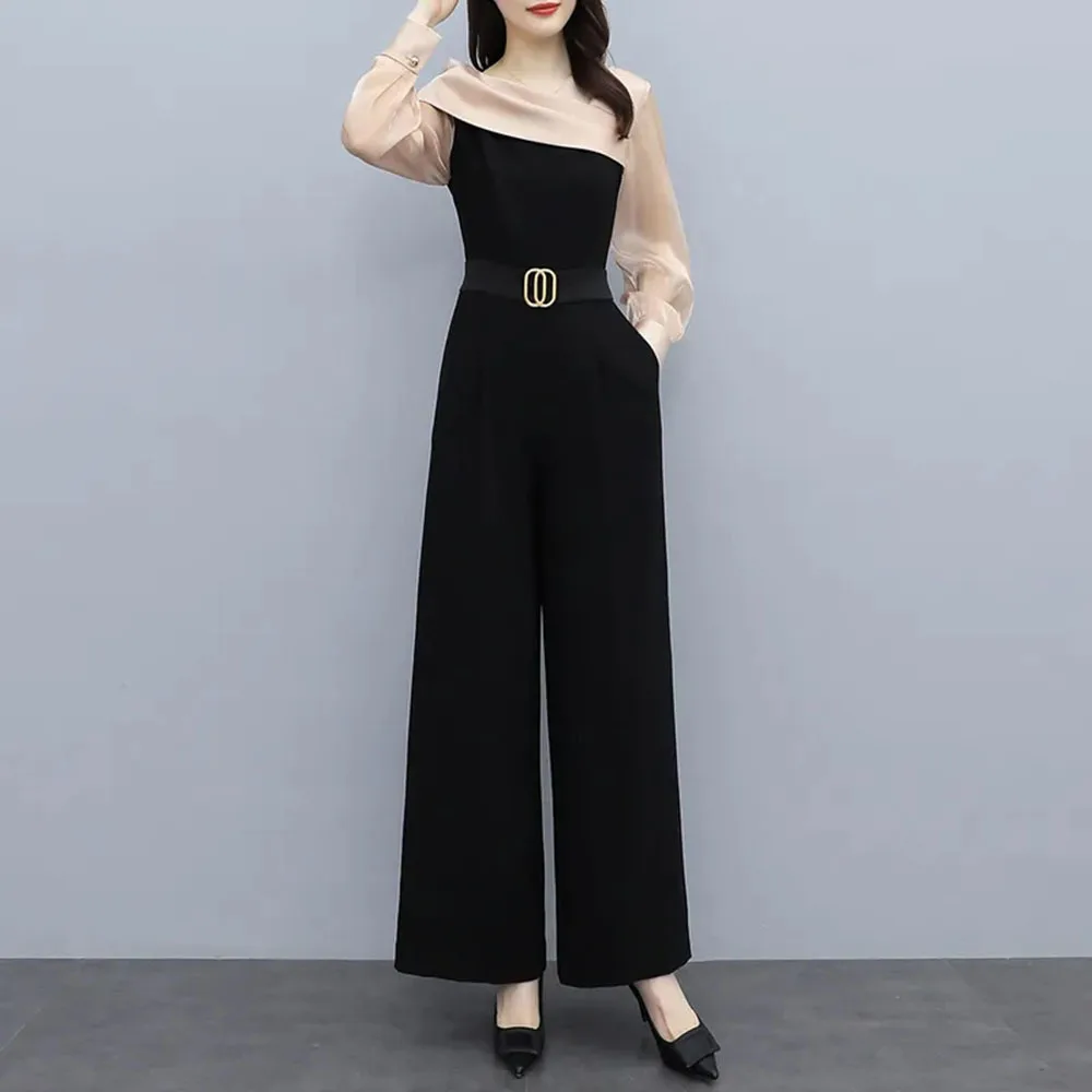 Koreaanse herfst kantoor patchwork wijde pijpen broek chique lange jumpsuit past dames losse elegante rompertjes dames casual werk met riem