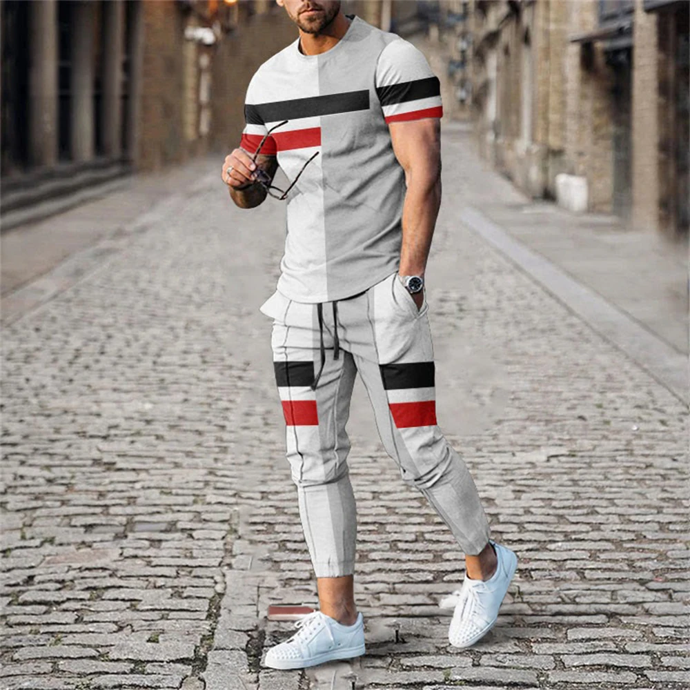 Men Summer T Shirt Pants Sets Print Tracksuits Oversized T-shirts Sweatpants Suits Male Sportswear Trousers Outfits Men Clothing