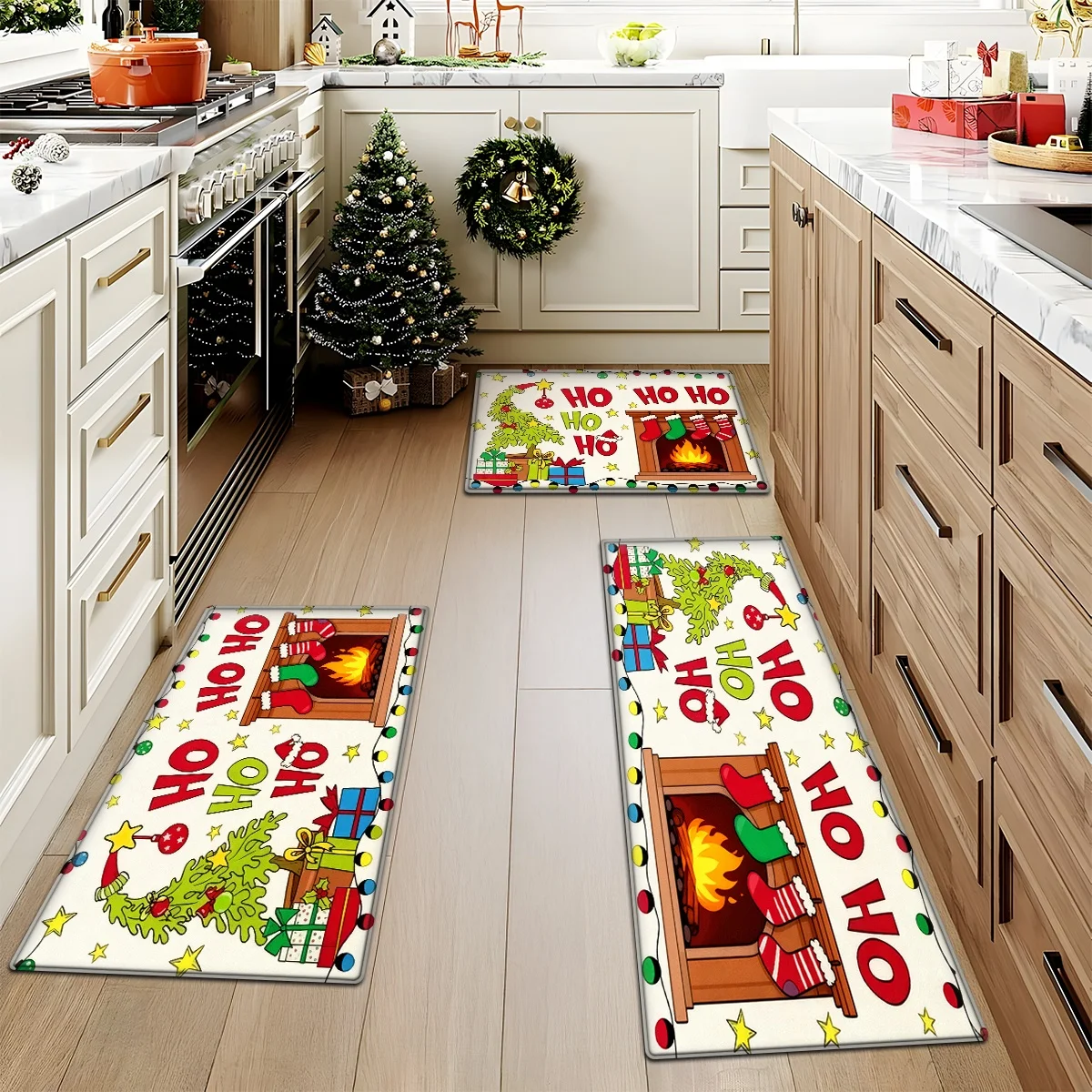 Christmas Kitchen Rugs Set Snowman Santa Xmas Print Non Slip Mat 1/2/3Pcs Options Washable Holiday Home Floor Decor