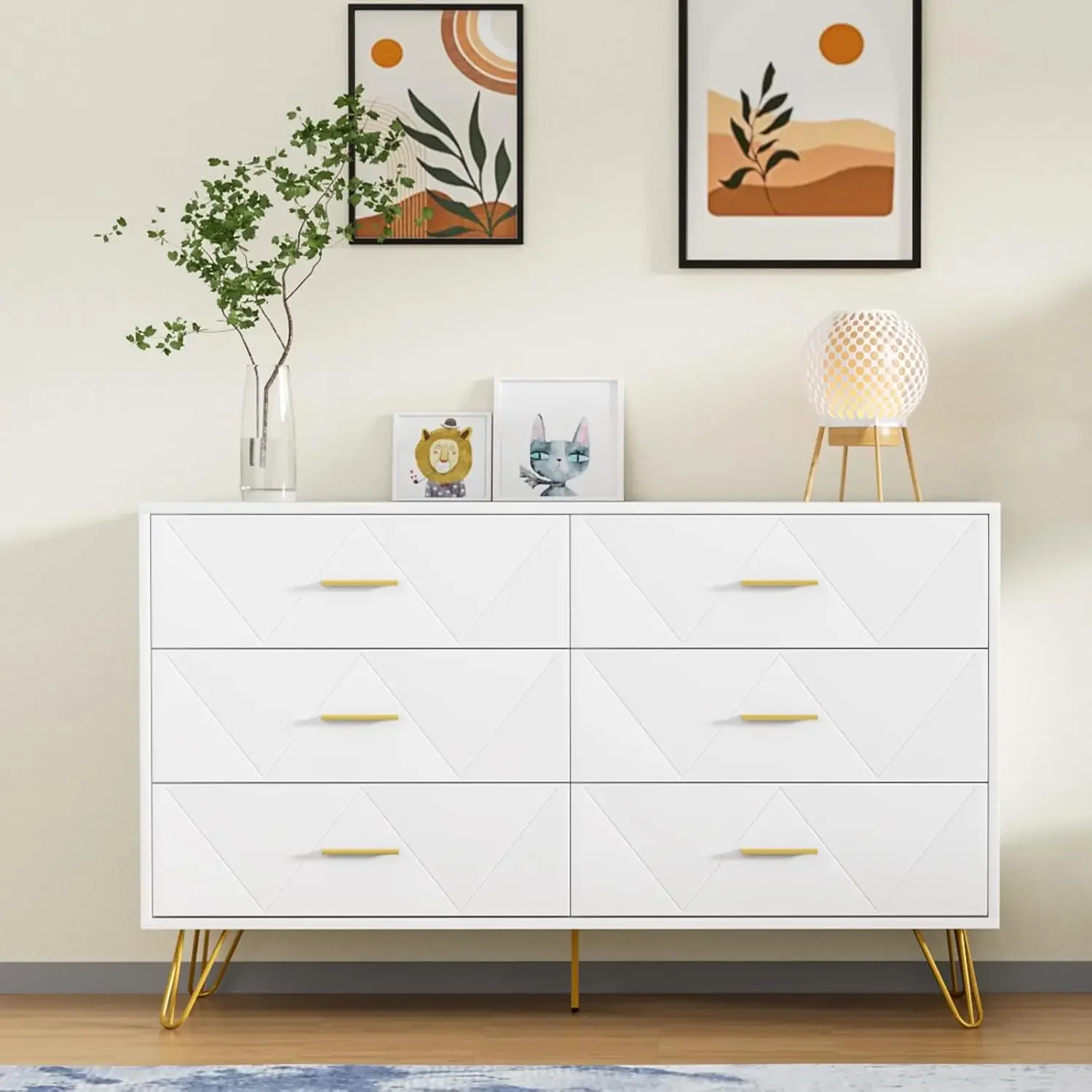 White Dresser, Modern Dresser for Bedroom, 6 Drawer Double with Wide Drawers and Metal Handles, Wood Dressers NEW USA