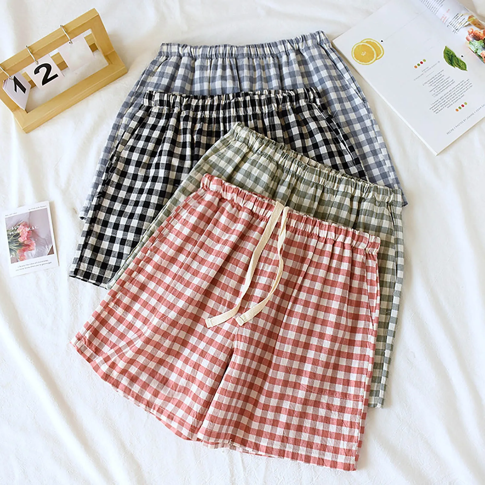 Women's Pink Plaid Pajamas Shorts Super Soft Comfortable Cotton Homewear Couple Pajamas Pants Casual Mid Waist Loungewear