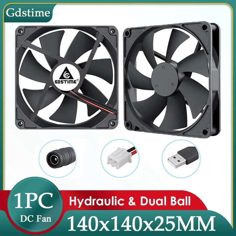 Gdstime 140Mm 140 × 140 × 25Mm Dc 5V 12V 24V Dual Bal/Hydraulische lager Borstelloze Koelventilator Pc Computer Case Cpu Cooler Fan