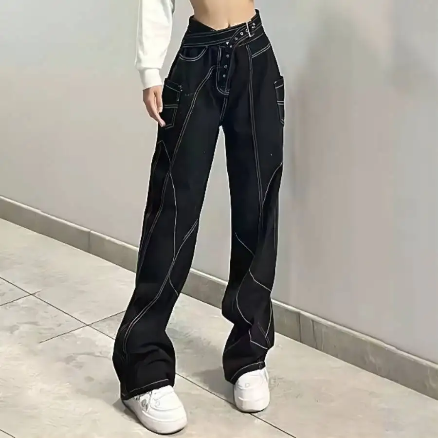 New Personalized Design Sense Bright Line Denim Straight-leg Pants Loose Wide-leg Pants Floor-mopping Pants Thin Trousers