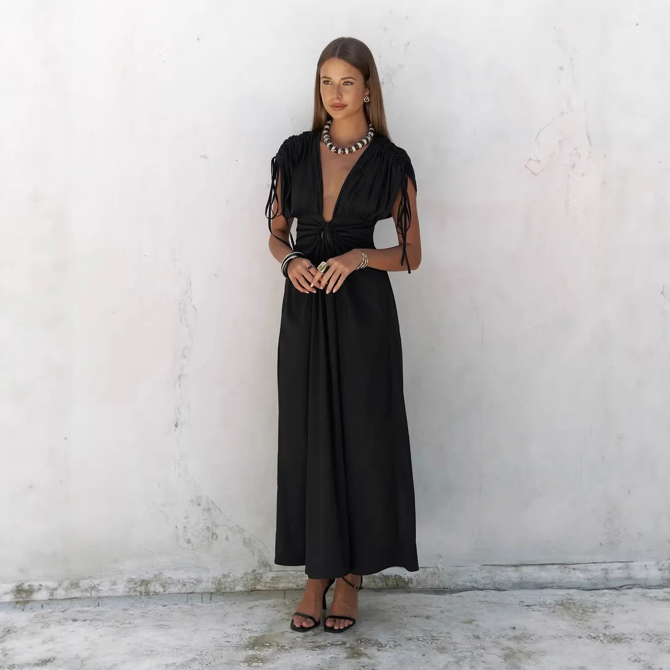 

Black Deep V Neck Maxi Dress Women Sexy Backless Drawstring Cut Out Long Dresses Elegant Party Club Wear 2026 Summer Vestidos