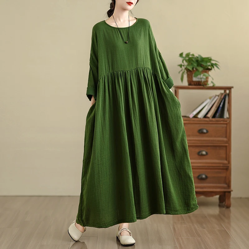 2026 Women Plus Size Maxi Dress Fit up to 300lbs Vintage Long Sleeve Thick Soft Cotton Loose Flowy Long Dress with Pockets