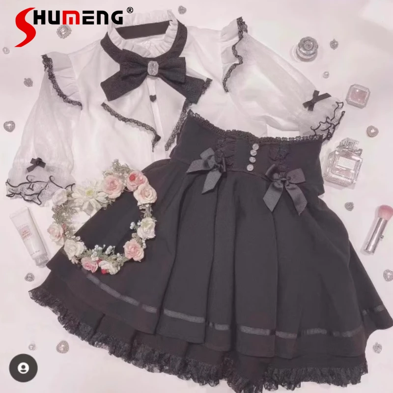 

Slimming Rhinestone Skirt Japanese Mine Series Rojita Lace Bow High Slimming Skirt Women's Clothes High Waisted Black Y2k Skirts