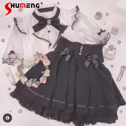 Slimming Rhinestone Skirt Japanese Mine Series Rojita Lace Bow High Slimming Skirt Women's Clothes High Waisted Black Y2k Skirts