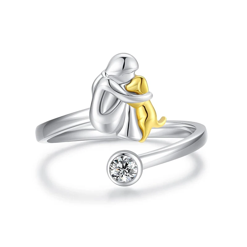 Fashion Two Tone Color Dog Mom Ring Crystal Little Girl Puppy Wrap Rings For Women Animal Pet Jewelry