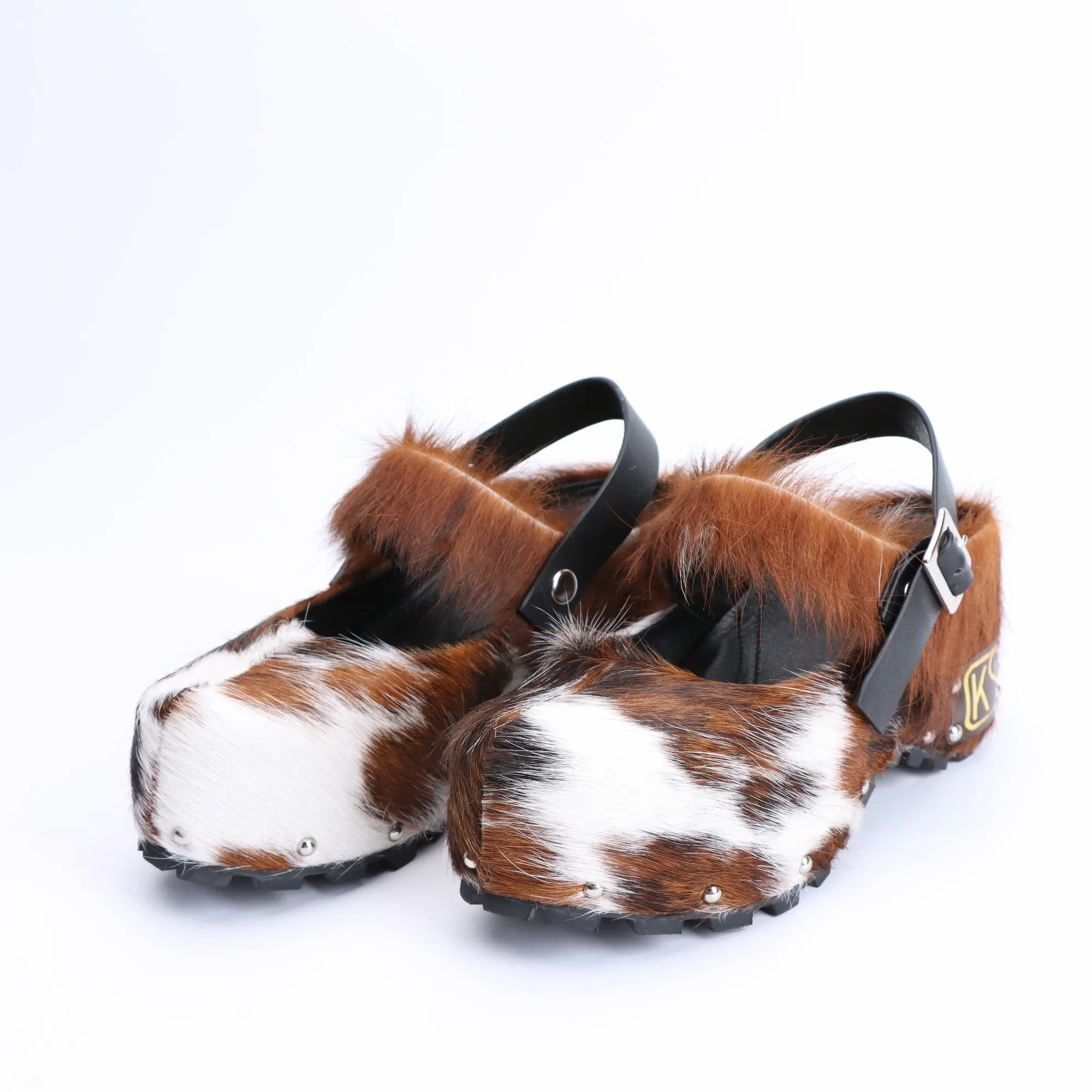 Arch Support Slip-On Luxury Handmade Platform Fur Clogs for Women, Leather Sandals with Natural Calf Hair, Studded Cowboy Style